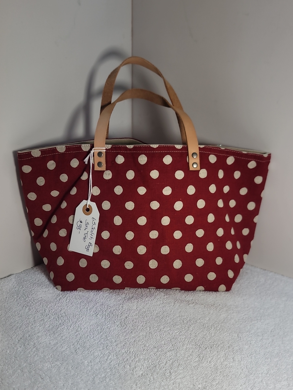 Polka Dot Canvas Tote Bag in Burgundy with Natural Leather Handles - NWT